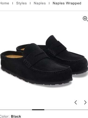 Birkenstock Naples Wrapped Mule Loafers in Black Suede, Size 39.